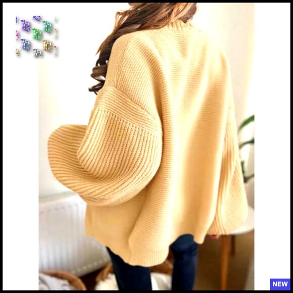 Oversized Cardigan Chunky Knit Lantern Sleeves Open Front Trendy Sweater - Picture 2 of 7